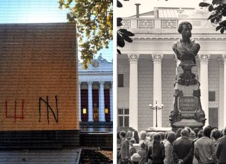 Fascistas en Odesa: monumento a Pushkin oculto tras tableros de aglomerado